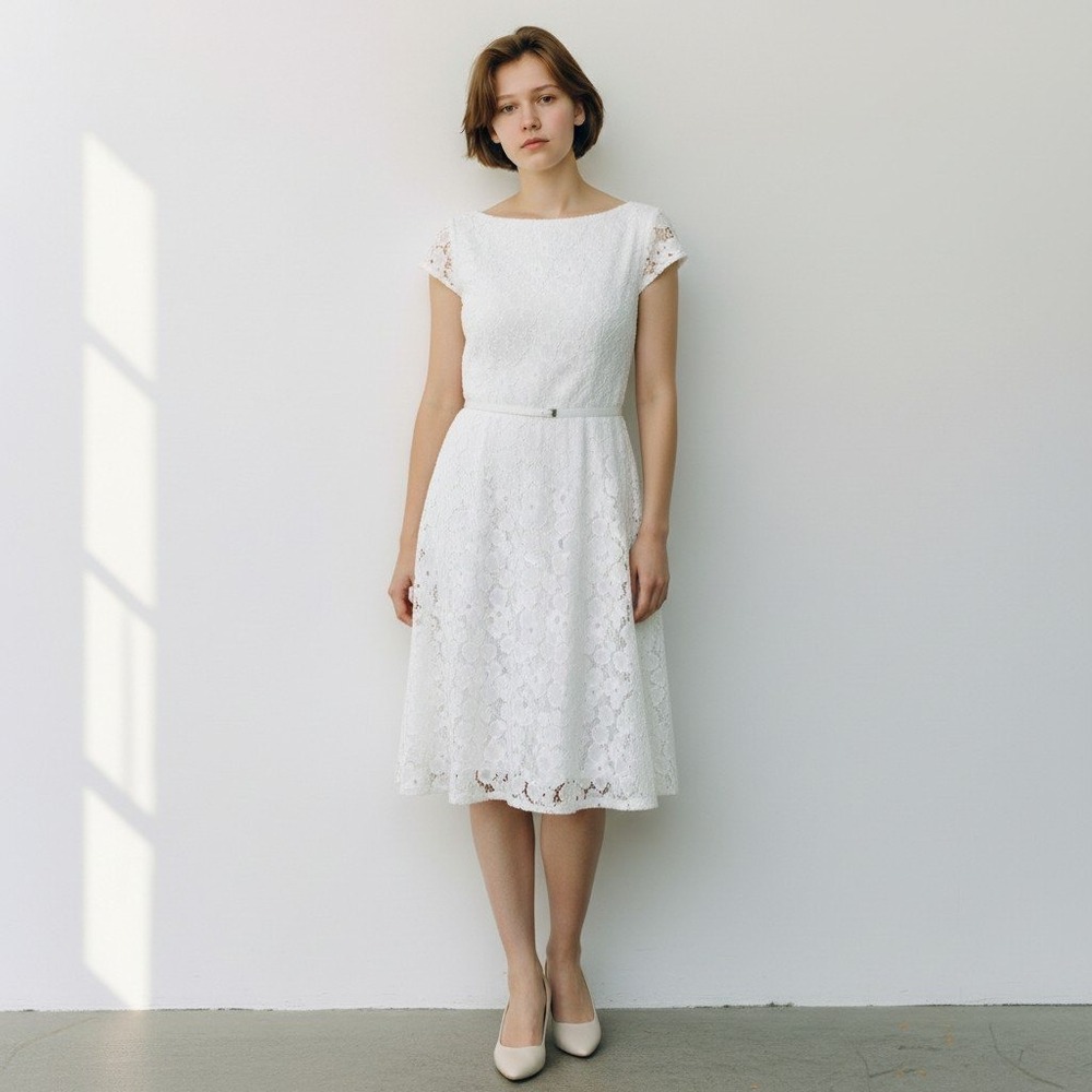 Evan Pickone Dress Women Sz 14 White Lace Fit‎ Flare  Dressy Spring Y2K Vtg 90s